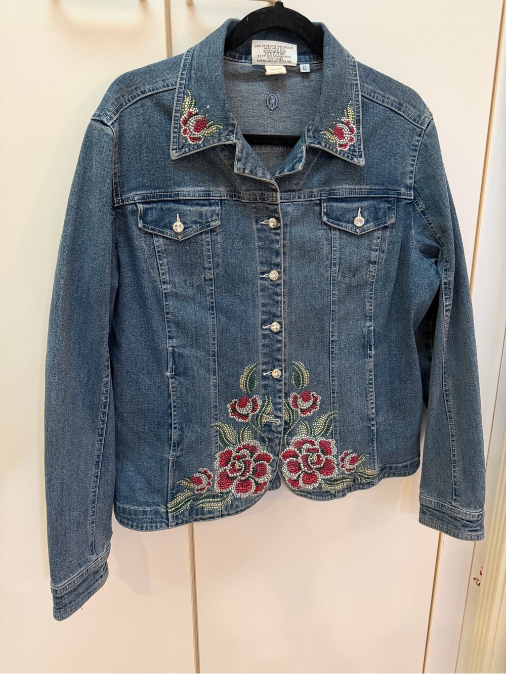 Christine Alexander Embroidered Floral Denim Jacket - Blue with Red Accents